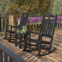 Flash Furniture JJ-C14703-2-T14001-BK-GG Set of 2 Winston All-Weather Poly Resin Rocking Chairs with Accent Side Table in Black